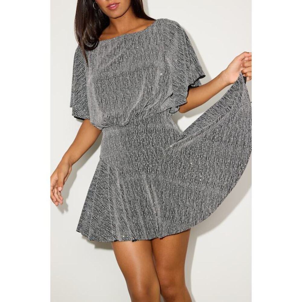 Lulus Olira Black And Silver Lurex Short Sleeve Skater Mini Dress - Size M